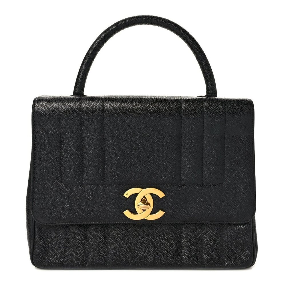 Authentic CHANEL CC Caviar Vertical Quilted Kelly Flap Bag Black Purse Handle - Picture 1 of 11